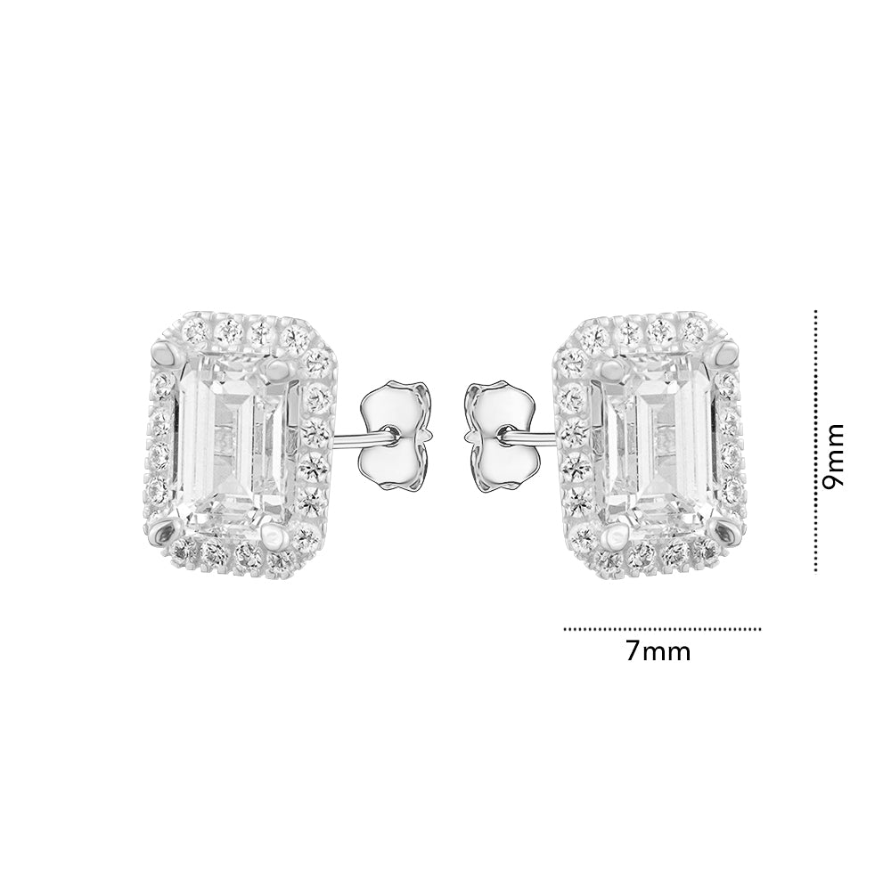10KW CZ EMERALD CUT HALO STUDS