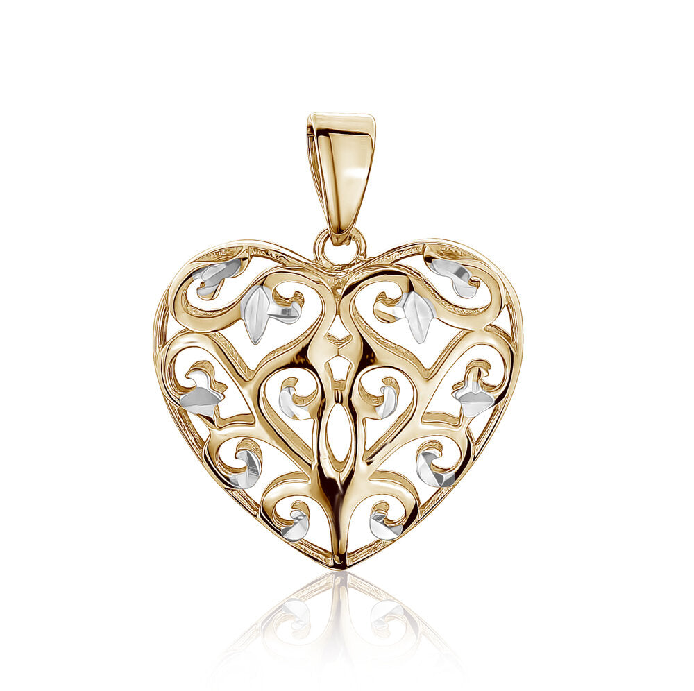 10k Two Tone Filigree 3D Heart Pendants & Charms