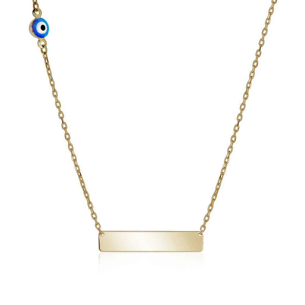 10k Yellow Gold Engravable Bar Necklaces with Evil Eye