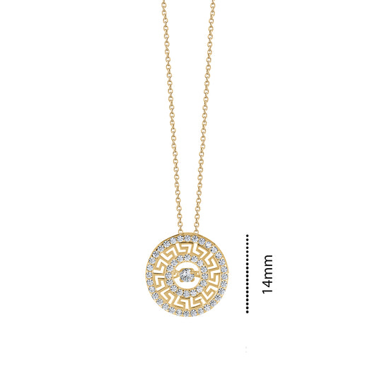 10KY CZ ROUND GREEK KEY CHARM ON CHAIN