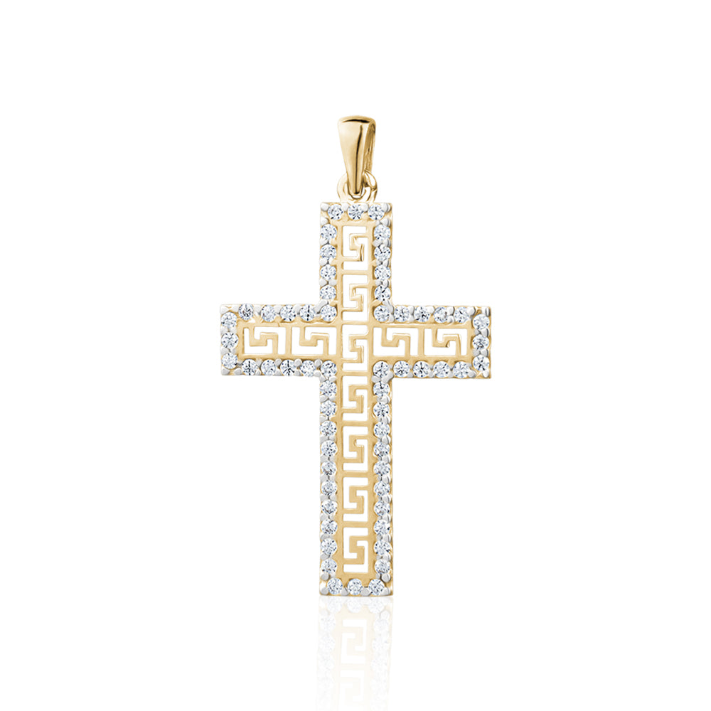 10KY CZ CROSS WITH GREEK PATTERN