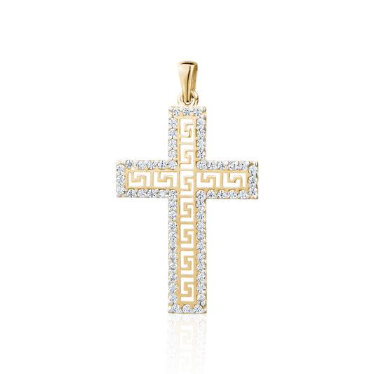 10KY CZ CROSS WITH GREEK PATTERN