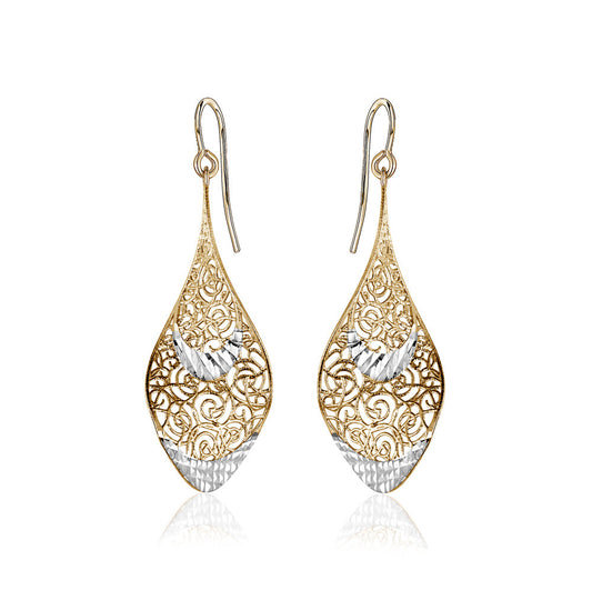 10k Two Tone Filigree Twist Drop Earrings