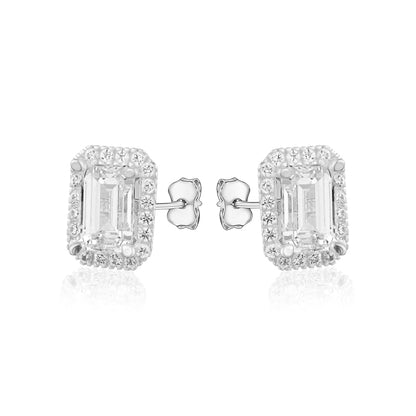 10KW CZ EMERALD CUT HALO STUDS