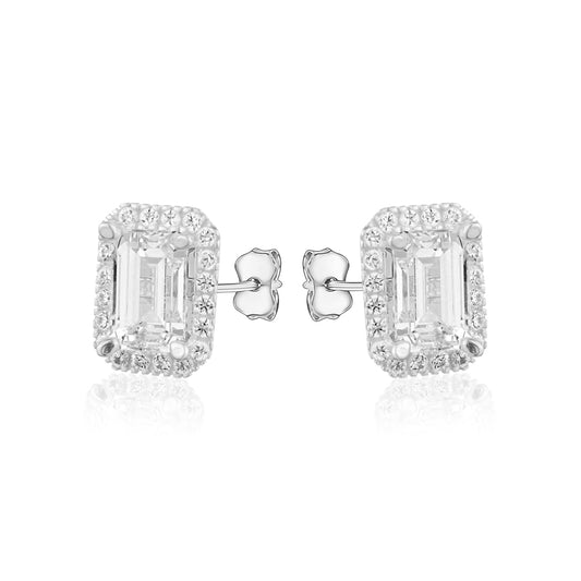 10KW CZ EMERALD CUT HALO STUDS