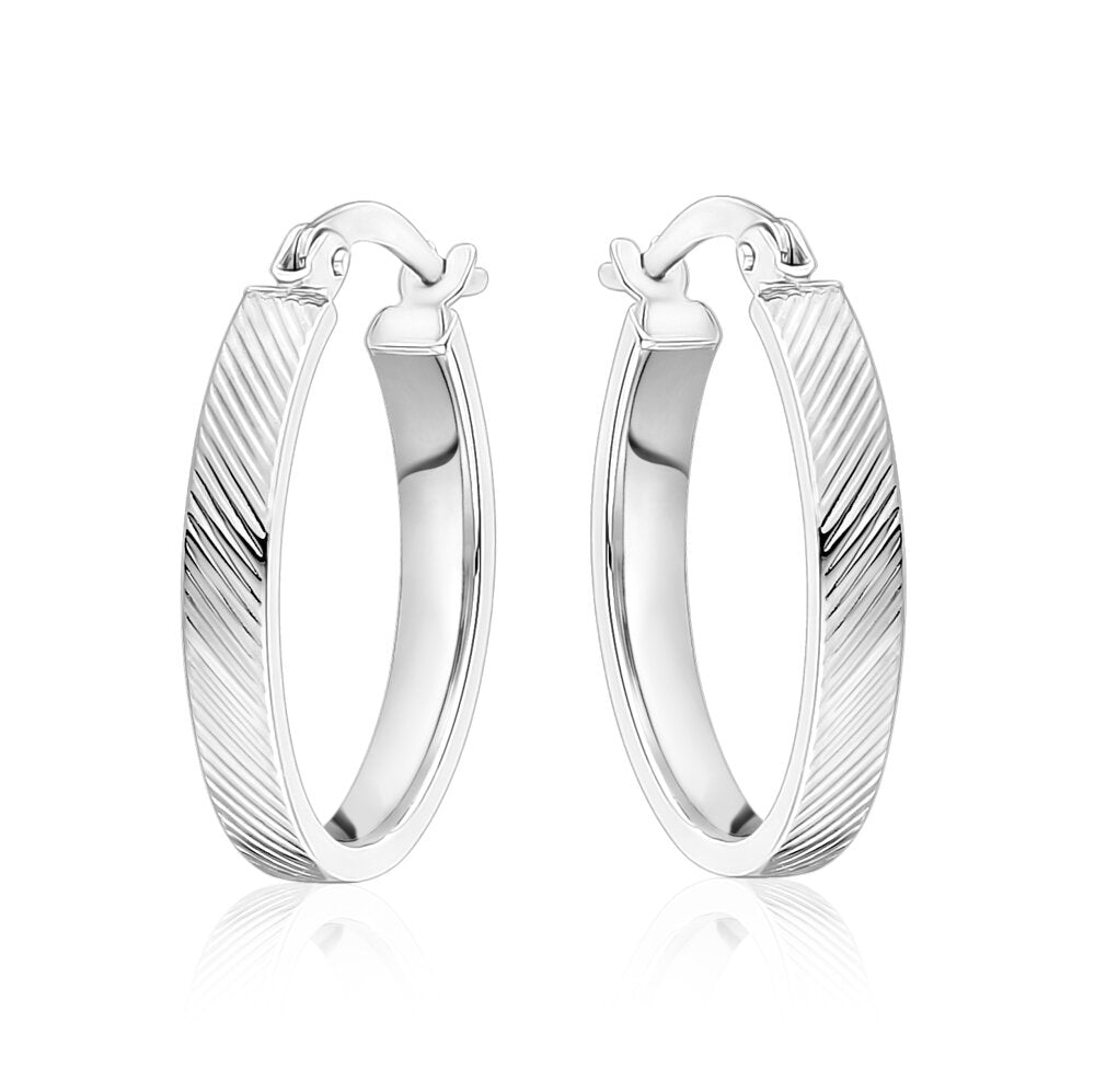 10k White Gold Oval Lazer Cut Hoops
