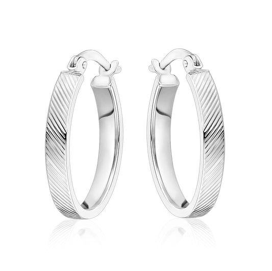 10k White Gold Oval Lazer Cut Hoops