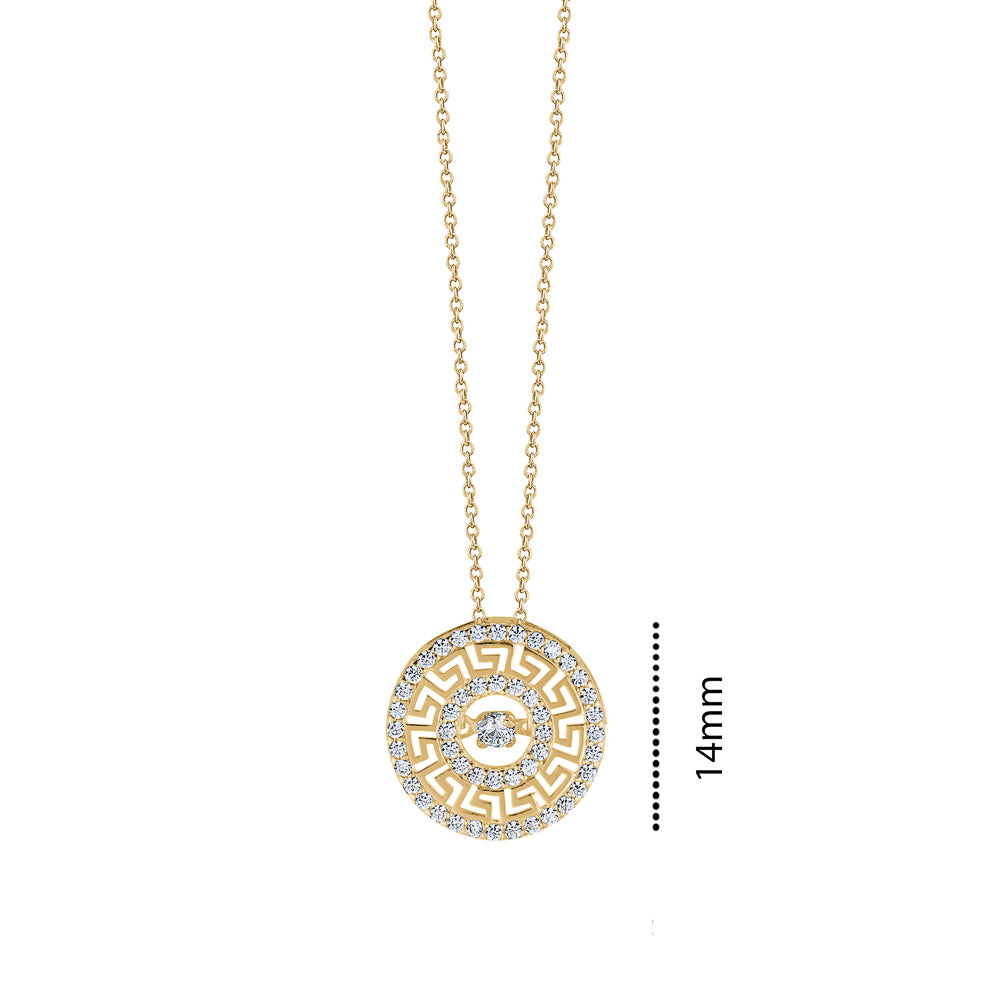 10KY CZ ROUND GREEK KEY CHARM ON CHAIN