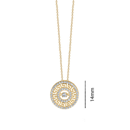 10KY CZ ROUND GREEK KEY CHARM ON CHAIN