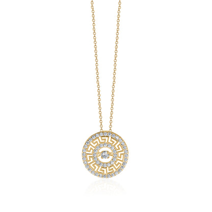 10KY CZ ROUND GREEK KEY CHARM ON CHAIN