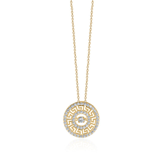 10KY CZ ROUND GREEK KEY CHARM ON CHAIN